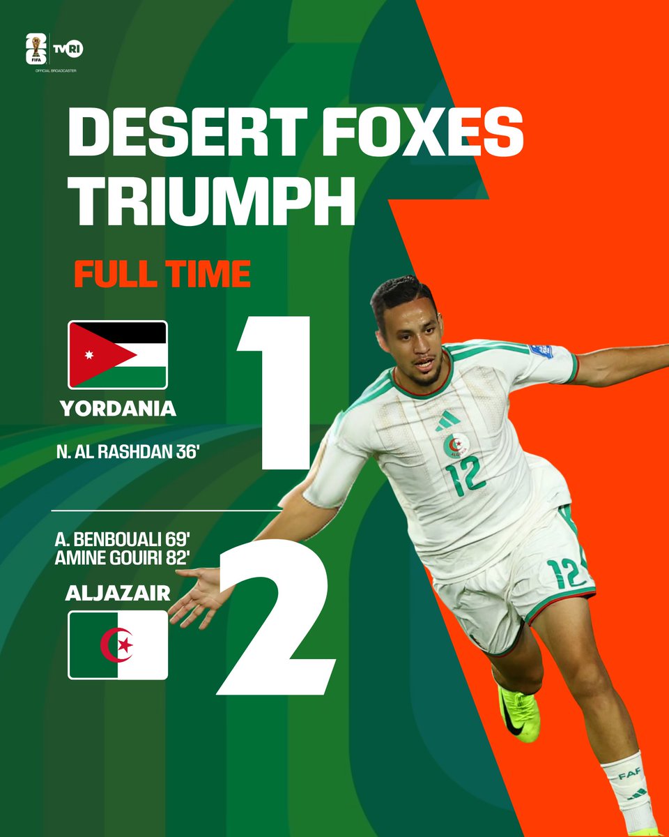TVRIJakarta's tweet photo. 🇩🇿🔥 DESERT FOXES TRIUMPH! 🔥🇩🇿
Aljazair berhasil membalikkan keadaan dan meraih kemenangan penting 2-1 atas Yordania dalam laga yang berlangsung sengit hingga menit akhir.
#FullTime #Algeria #Jordan #DesertFoxesTriumph #LesFennecs #AmineGouiri #AdilBoulbina #Football https://t.co/1ISeYLSSwD