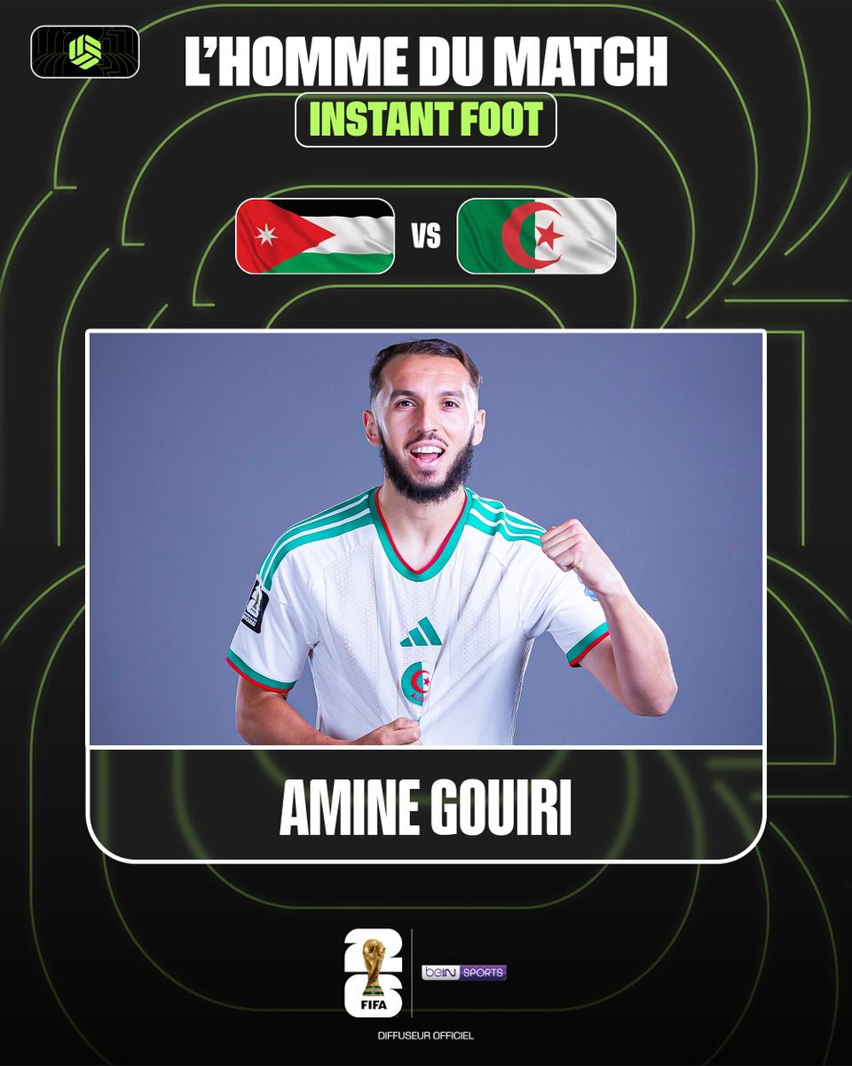 lnstantFoot's tweet photo. 🚨 NOTRE HOMME DU MATCH DE CE JORDANIE - ALGÉRIE EST AMINE GOUIRI ! 🇩🇿 🎖️

Auteur du BUT DE LA VICTOIRE pour les Fennecs ! 🔥

Vous partagez notre avis ? 👀 https://t.co/w6DAw5T2l2