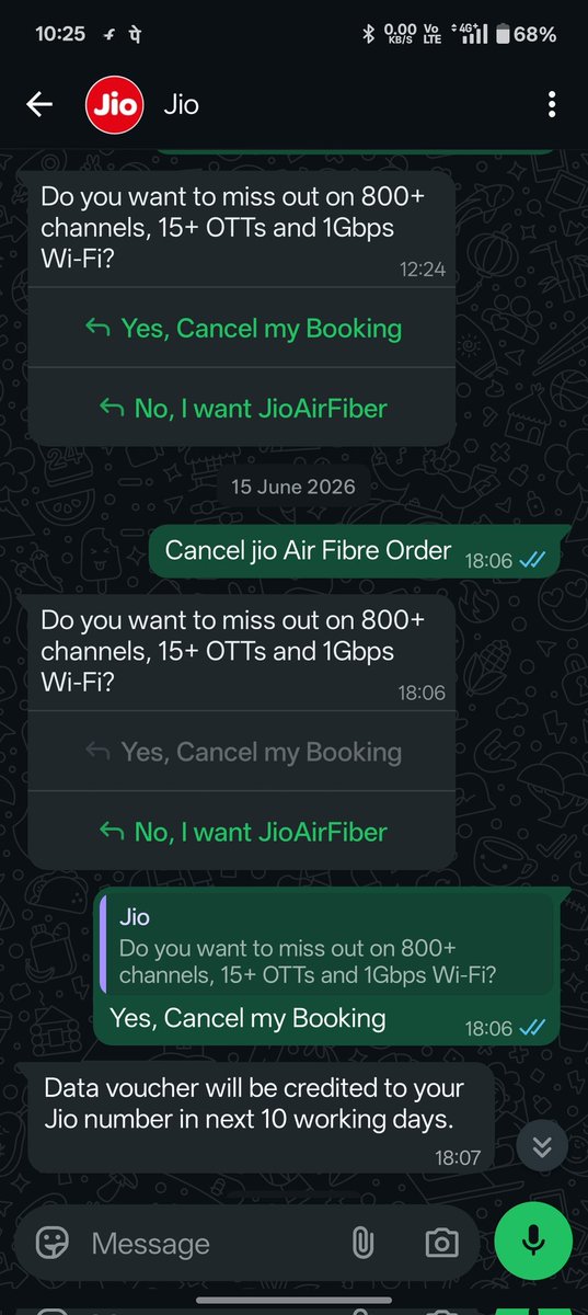 x__rohit_0's tweet photo. It has been almost 10 days since I cancelled my request but it has not been cancelled. Jio Coustomer support is playing Games with me by disconnecting the call when I call to cancel the order. "Jio has the worst Coustomer Service" . Please Help @TRAI  @JioCare to get my refund . https://t.co/A5rAmdydEm