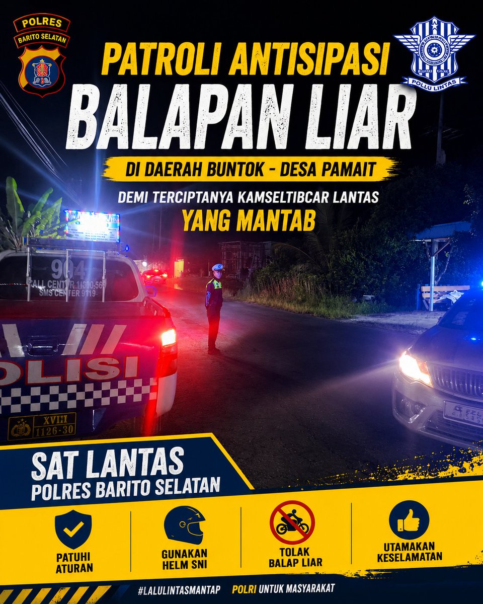 satlantasbarsel's tweet photo. PATROLI ANTISIPASI BALAP LIAR 🏁  
Satlantas Polres Barsel jaga Kota Buntok.

Jalan raya bukan sirkuit. Sayangi nyawa, sayangi keluarga 💙  

#dayak
#viral
#polisiuntukmasyarakat
#sorotanpublik https://t.co/LPv29I69sM