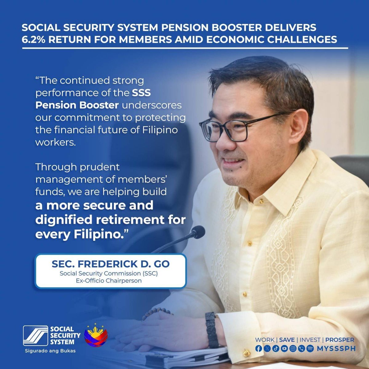 dofgovph's tweet photo. The Social Security System reports continued strong performance of its Pension Booster Program, posting a 6.2% average ROI (Jan–May 2026), outpacing market benchmarks and sustaining member value despite prevailing economic headwinds.

#DOFUpdates https://t.co/nd4YFEjTE6