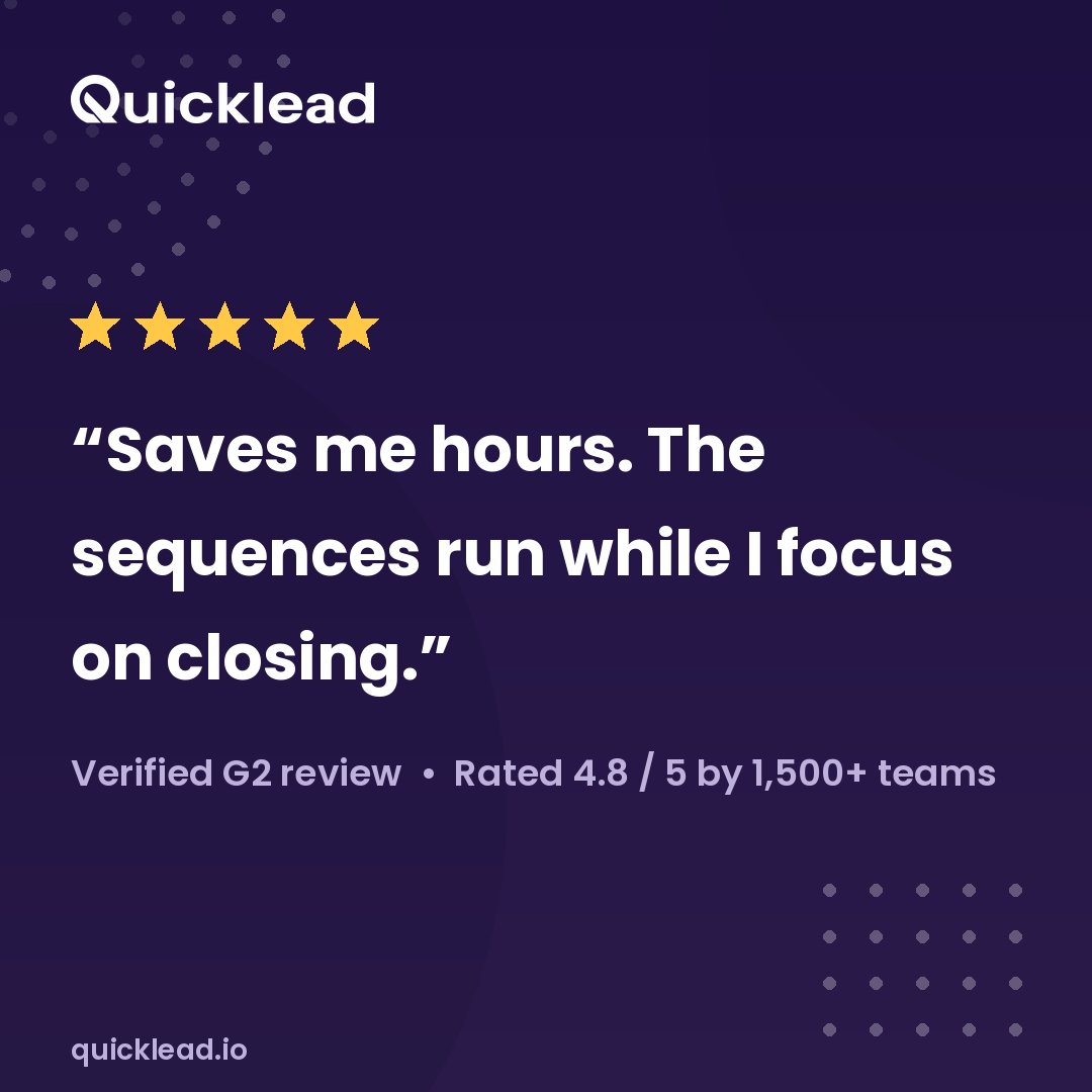 quicklead_io's tweet photo. ⭐⭐⭐⭐⭐

"Saves me hours. The sequences run while I focus on closing."

Real Quicklead user. Rated 4.8/5 on G2 by 1,500+ teams.

#LinkedInAutomation #B2BSales https://t.co/LiPQ4IR9AF