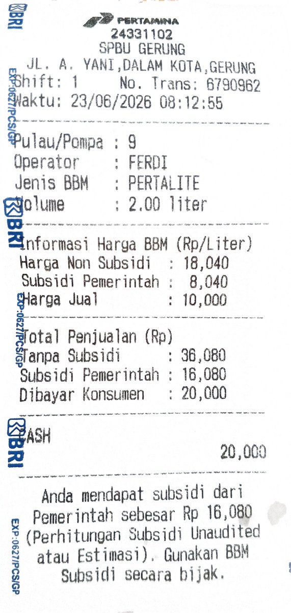 lhyling13's tweet photo. Harga Pertalite kalau gak di subsidi Rp. 18.040,- sementara Harga Pertamax yang non subsidi Rp. 16.650 (23/06/2026). Pertanyaannya :
1. Jika sama2 tidak di subsidi Harga Pertalite kenapa bisa lebih mahal?
2. Jika Pertamax lebih murah, Kenapa bukan Pertamax aja yang di subsidi? https://t.co/UHEONZwkIz