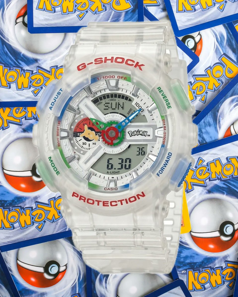 yasuakifujii's tweet photo. Pokémon × G-SHOCK の初コラボモデル『GA-110PKM-7A』が発売か
https://t.co/mf9AMcz4EH

これまで ポケモン とのコラボは小型の BABY-G（ベイビージー）にて展開されていたが、フルサイズであるメンズ仕様の G-SHOCK「GA-110」ベースでのコラボは初と見られており、期待が寄せられている

モックアップ画像では、涼しげな艶消しのクリア（スケルトン）ボディとストラップを採用され、3時位置に公式の「Pokémon」ロゴをあしらい、レッド、イエロー、グリーン、ブルーなどのアクセントカラーを配置

また、9時位置のインダイアルの針がモンスターボール風のデザインに

Casio（カシオ）および ポケモン からのプレスリリースはまだ行われていないが、リリースされる可能性はあるようだ

- ポケモン ピカチュウ Gショック ジーショック ga110
Via：geesgshock