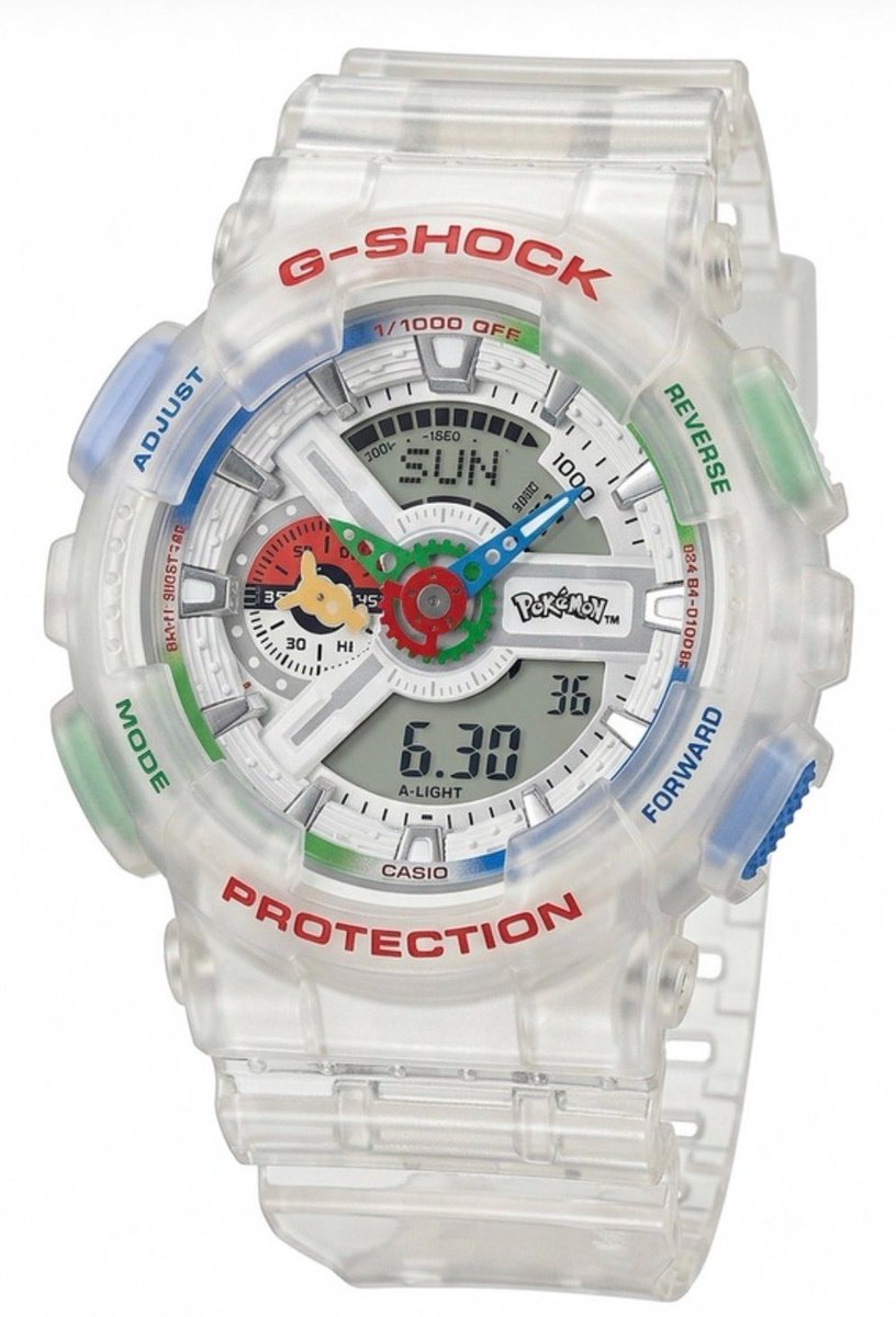 yasuakifujii's tweet photo. Pokémon × G-SHOCK の初コラボモデル『GA-110PKM-7A』が発売か
https://t.co/mf9AMcz4EH

これまで ポケモン とのコラボは小型の BABY-G（ベイビージー）にて展開されていたが、フルサイズであるメンズ仕様の G-SHOCK「GA-110」ベースでのコラボは初と見られており、期待が寄せられている

モックアップ画像では、涼しげな艶消しのクリア（スケルトン）ボディとストラップを採用され、3時位置に公式の「Pokémon」ロゴをあしらい、レッド、イエロー、グリーン、ブルーなどのアクセントカラーを配置

また、9時位置のインダイアルの針がモンスターボール風のデザインに

Casio（カシオ）および ポケモン からのプレスリリースはまだ行われていないが、リリースされる可能性はあるようだ

- ポケモン ピカチュウ Gショック ジーショック ga110
Via：geesgshock