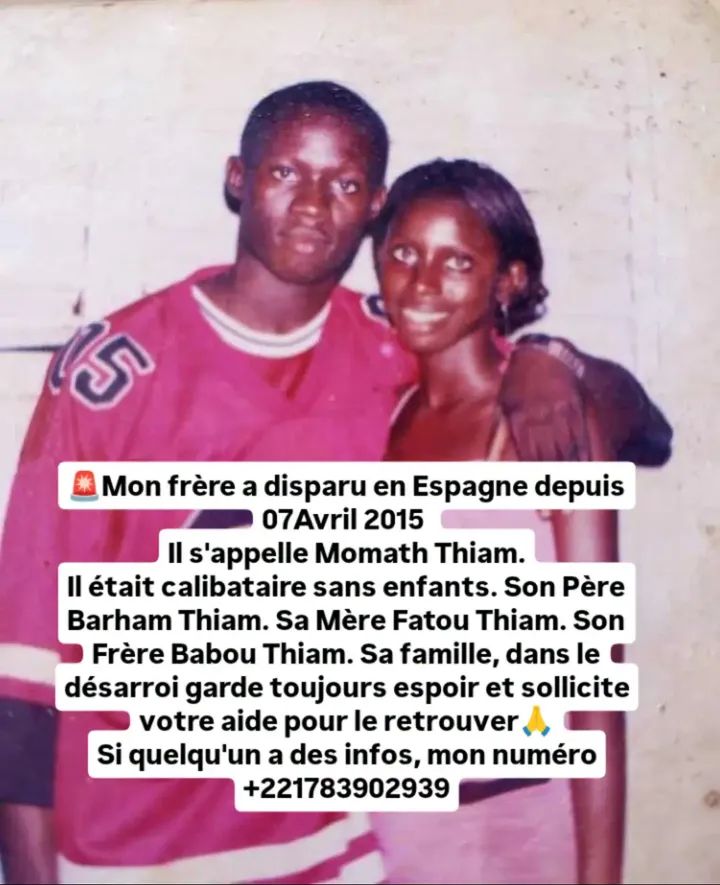Avis_Senegal's tweet photo. 🚨Mon frère a disparu en Espagne depuis 07Avril 2015 
Il s'appelle Momath Thiam.
Il était calibataire sans enfants. Son Père Barham Thiam. Sa Mère Fatou Thiam. Sa famille, dans le désarroi garde toujours espoir et sollicite votre aide pour le retrouver🙏 +221783902939 https://t.co/Rde4UphJ0X