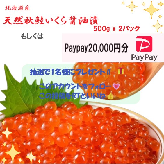 cocona_80's tweet photo. 🎁超豪華プレゼント企画🎁

【選べる賞品】
🍣北海道産 天然秋鮭いくら醤油漬 500g×2パック
💰PayPay 20,000円分
どちらかを抽選で1名様にプレゼント‼😆✨

【応募方法】
このアカウントをフォロー💗
この投稿をRTといいね👍
〆切は6/25 23:59まで💨 ぜひご参加ください!!🙏 https://t.co/3zk0o4RphR