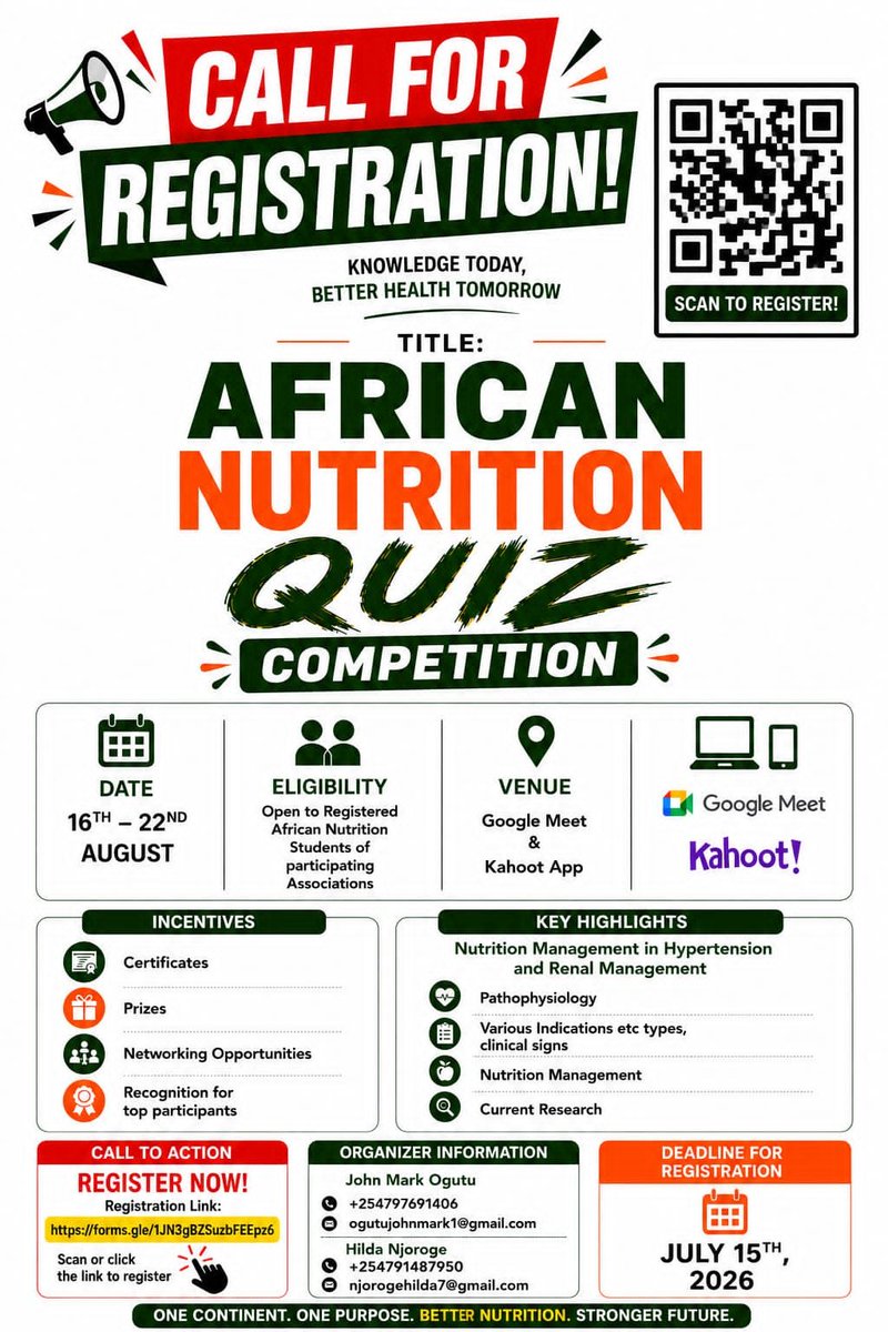 _KENDSA's tweet photo. CALL FOR REGISTRATION – AFRICAN NUTRITION QUIZ COMPETITION 2026

📅 Competition Dates: 16th – 22nd August 2026
⏳ Registration Deadline: 15th July 2026
https://t.co/LASKDRc2M5 https://t.co/ptICJcITeH