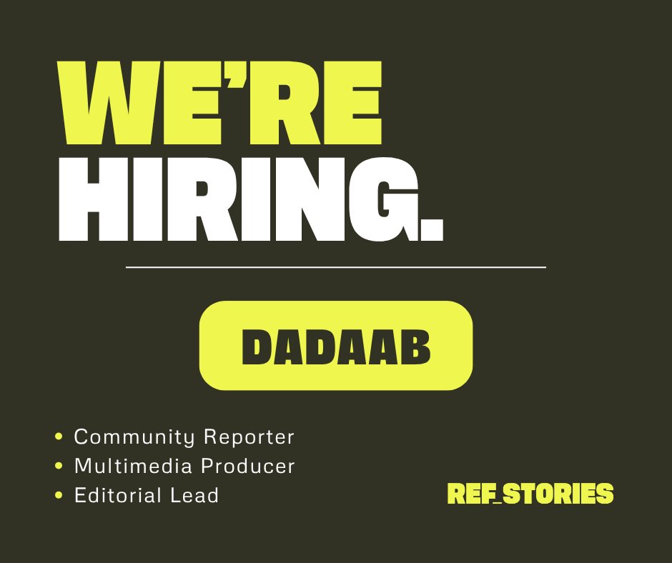 YouthRyeh's tweet photo. We're hiring with REF FM

Apply directly via the links below 👇

🎙 Community Reporter → https://t.co/En63Qyb6Qa

🎬 Multimedia Producer → https://t.co/TuuYDDJ9B1

✏️ Editorial Lead → https://t.co/4arFlHVg3b

Please retweet. @AhmedAKosar @Mohamed80240676 @DCrefugeevoices https://t.co/96SPkHscHv