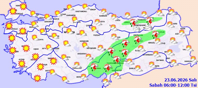 meteoroloji_twi's tweet photo. 23 Haziran 2026 Salı
💨Kuvvetli Rüzgara Dikkat!
⚠️Toz Taşınımı Uyarısı
🌡️Hava Sıcaklığı: Önemli bir değişiklik olmayacağı, genellikle mevsim normalleri civarında seyredeceği tahmin ediliyor.

KUVVETLİ RÜZGAR UYARISI: Rüzgarın, Güneydoğu Anadolu’nun batısında kuzey ve kuzeybatı, doğusunda güney ve güneybatı yönlerden kuvvetli ve kısa süreli fırtına (40-70 km/saat) şeklinde esmesi beklendiğinden yaşanabilecek olumsuzluklara karşı dikkatli ve tedbirli olunması gerekmektedir.

TOZ TAŞINIMI UYARISI: Güneydoğu Anadolu’da toz taşınımı beklendiğinden yaşanabilecek olumsuzluklara karşı dikkatli ve tedbirli olunması gerekmektedir.