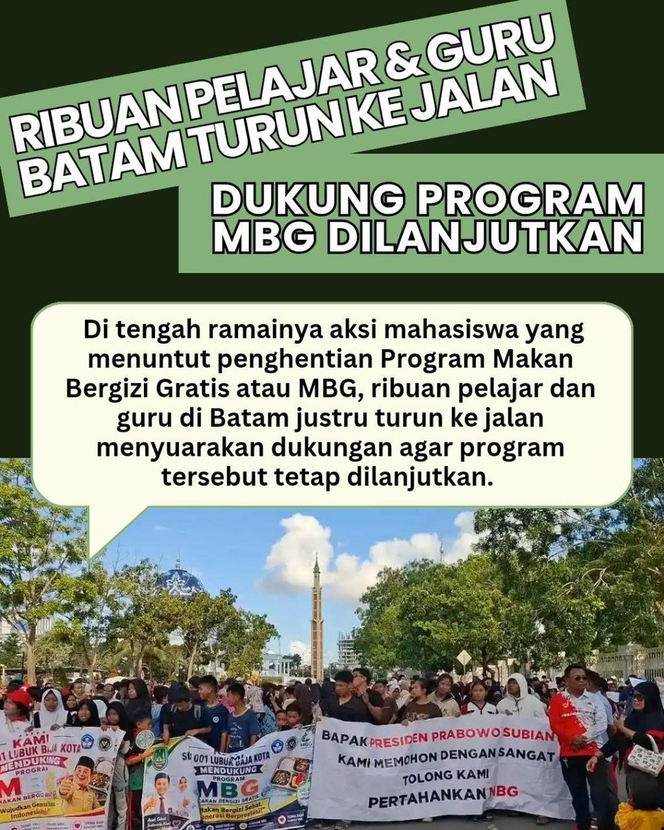 KucintaNegeri's tweet photo. Di tengah ramainya aksi mahasiswa yang menuntut penghentian Program Makan Bergizi Gratis atau MBG, ribuan pelajar dan guru di Batam justru turun ke jalan menyuarakan dukungan agar program tersebut tetap dilanjutkan. https://t.co/XyMiJmlf5W