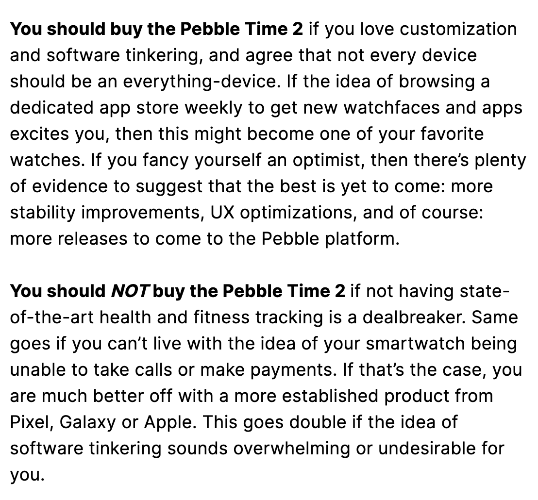 ericmigi's tweet photo. Thanks for the review, @S_SerbezovPA and @PhoneArena! 

Very detailed review, and very much gets the spirit of Pebble. I might borrow the idea of the explicit 'you should/shouldn't buy...' for our product page! https://t.co/3gql6tDDx8