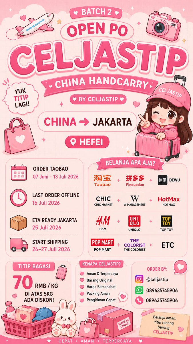 Skynetic_'s tweet photo. 📍OPEN JASTIP CHINA - INDO📍
🇨🇳 Hefei - Jakarta

✈️ Flight: 23 Juli 2026
📥 Terakhir terima barang: 16 Juli 2026
📦 ETA Jakarta: 24 Juli 2026
🚚 Pengiriman: 25/26 Juli 2026

💰 70 RMB/KG
‼️ Special price untuk >5KG

CONTACT📍
Wechat ID: wxid_9ng7ze94nwta22
Whatsapp: 089635745906 https://t.co/HubPoA1O0M