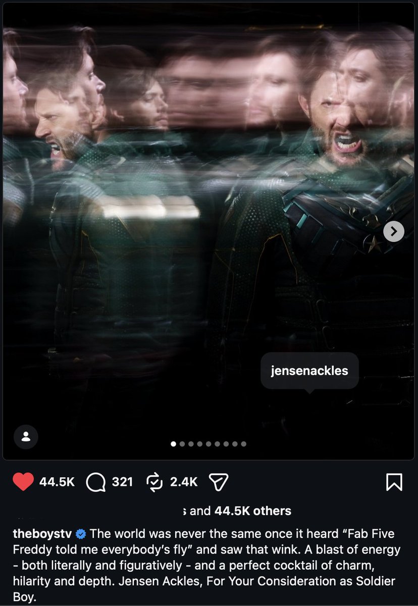 AcklesNews_'s tweet photo. "The world was never the same once it heard “Fab Five Freddy told me everybody’s fly” and saw that wink. A blast of energy - both literally and figuratively - and a perfect cocktail of charm, hilarity and depth. Jensen Ackles, For Your Consideration as Soldier Boy."  @TheBoysTV on Instagram. 
#TheBoys #SoldierBoy #Emmys