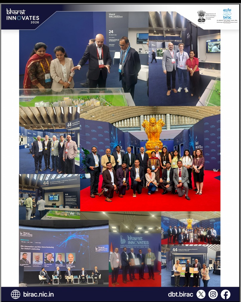 BIRAC_2012's tweet photo. At Bharat Innovates 2026 in Nice, France, the Department of Biotechnology (DBT) and Biotechnology Industry Research Assistance Council (BIRAC) proudly led the Biotechnology theme, showcasing India's growing strength in biotechnology, deep-tech innovation, and biomanufacturing on a global platform.

The DBT-BIRAC pavilion highlighted India's rapidly expanding BioEconomy, the BioE3 Policy, the BIRAC-RDI Fund, BioSaarthi, BRIC's research ecosystem, and BIRAC's translational innovation network, demonstrating the country's commitment to fostering breakthrough technologies, entrepreneurship, and global collaborations.

The event witnessed significant milestones, including strategic international partnerships by BIRAC-supported startup ATGC Biotech with Albaugh Europe and Luxembourg Industries Ltd., enabling the global adoption of indigenous Indian innovations in sustainable agriculture and biological pest control.

A major boost to India's bioeconomy was announced through the BIRAC-RDI Fund, with term sheets worth over ₹450 crore awarded to Fermbox Bio Pvt. Ltd., Sea6 Energy Pvt. Ltd., and Revelations Biotech Pvt. Ltd. to accelerate innovations in precision fermentation, ocean-based biotechnology, and synthetic biology, further strengthening India's biomanufacturing ecosystem.

The panel discussion, “Bio-Innovation and Bio-Manufacturing for Global Leadership,” featuring eminent global leaders from industry, research, and innovation ecosystems was curated by DBT-BIRAC. The discussion explored how India can build on its position as the "Pharmacy of the World" to emerge as a global leader in bio-innovation and biomanufacturing through the convergence of science, entrepreneurship, AI, policy support, capital, and international partnerships. The session reinforced that the future of the bioeconomy will be driven by scientific excellence, manufacturing capabilities, innovation-led ecosystems, and cross-border collaboration. 

With 15 DBT-BIRAC-nominated startups and 36 BIRAC-supported beneficiaries among the 120 participating startups, DBT-BIRAC's contribution stood as a testament to its continued commitment to nurturing transformative innovations, enabling entrepreneurship, supporting cutting-edge technologies, and creating new pathways for sustainable growth in India's biotechnology sector.

#BharatInnovates2026 #BIRAC #DBT #Biotechnology #Biomanufacturing #Bioeconomy #DeepTech #Innovation #StartupIndia #GlobalPartnerships #BioInnovation
