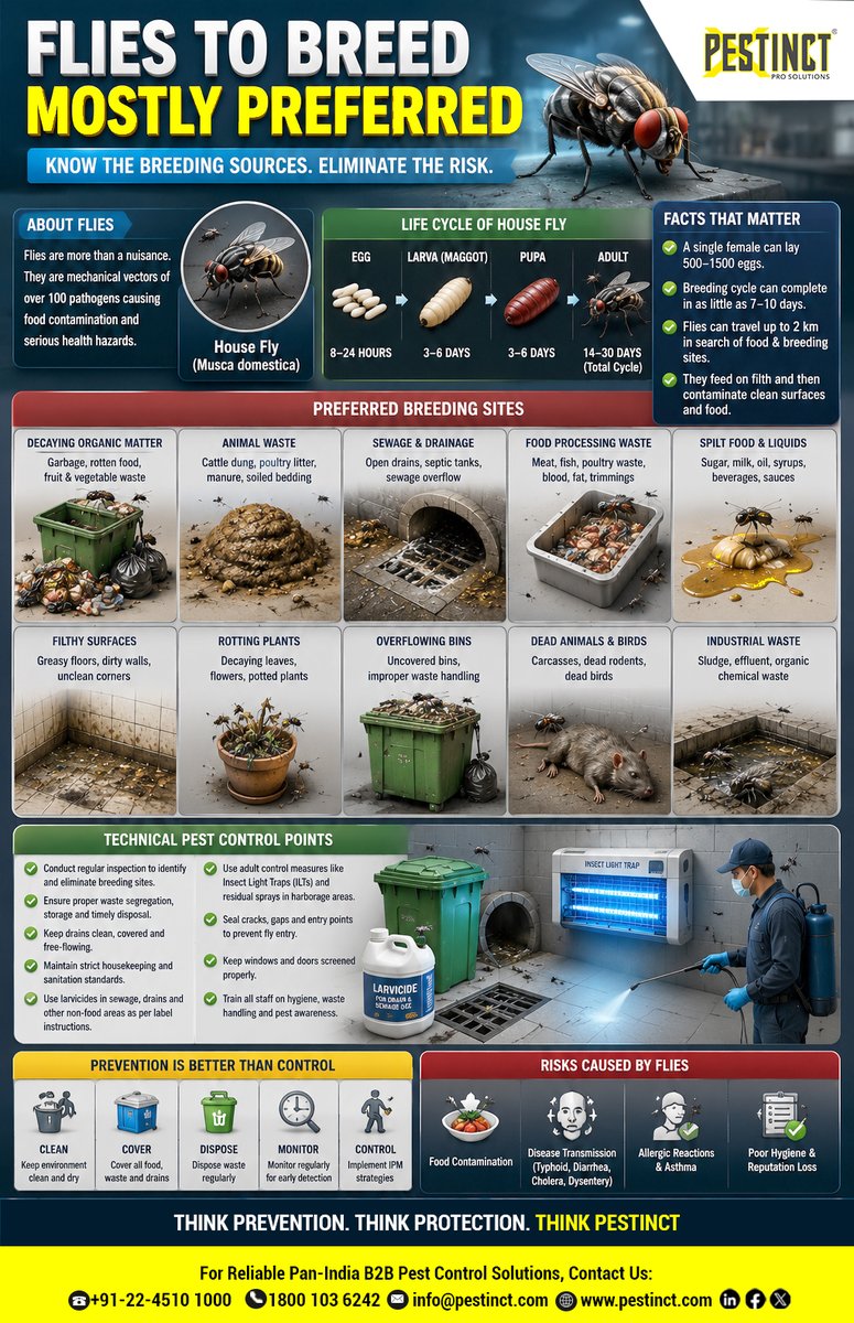 pestinct's tweet photo. #FactFiles from Pestinct Pro Solutions Pvt. Ltd.
#Monsoon, #Summer, or #Winter — #Flies are always looking for their next #BreedingSite.
#Prevention isn't just #PestControl—it's #RiskControl.

#FlyManagement #IntegratedPestManagement #FoodSafety #FacilityManagement #Hygiene https://t.co/ZxeBvRXfL4