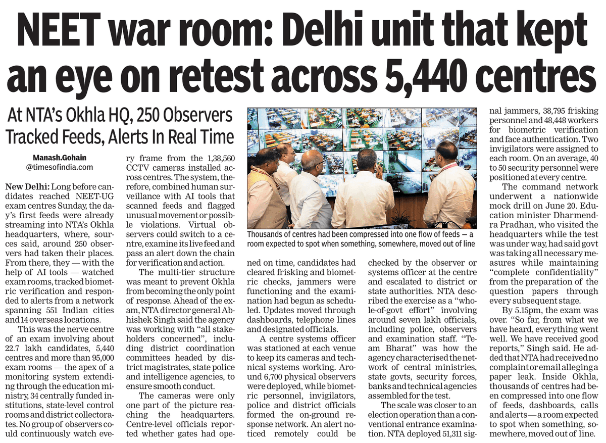 prasannavishy's tweet photo. By all accounts, the NTA appears to have done a commendable job conducting the NEET retest after the earlier paper leak.

The scale of the security apparatus deployed appears to have been massive (ToI report). 51,311 jammers, 38,795 frisking personnel, 48,448 biometric verification staff, a nationwide mock drill, and real-time AI-based surveillance across 551 cities.

The agency also seems to have acted swiftly against the viral "fake leak" video and cracked down on impersonation rackets in Bihar and MP while the examination process was underway.

Yet, while all this may reassure students about the integrity of the examination, lot of folks continue to raise the question - why does a medical entrance exam require a command-centre-led, near military-style operation to ensure fairness?

The answer lies in the structure of NEET itself.

NEET is the only score that determines admission to medical colleges in India. One exam. One day. One number. Every vulnerability (paper leaks, impersonation, dummy candidates, biometric fraud) is concentrated into a single point of failure because the rewards for cheating are enormous and the attack surface is massive.

Which is precisely why an "on-demand, 24x7x365" NEET (something occasionally floated as a solution) is unlikely to work. We simply cannot sustain this level of security infrastructure every single day, indefinitely, across thousands of examination centres.

TBH, the smarter solution is the one the NTA is finally moving towards, although it is unfortunate that it was not implemented immediately after the 2024 leak episode. A JEE Main-style model.

A computer-based test conducted across multiple sessions over a few fixed days, combined with percentile normalisation and best-of-attempt scoring, reduces the risks substantially.

TA has already informed the Supreme Court that NEET-UG is expected to move to a CBT format from 2027, with multi-session and potentially multi-stage testing under consideration. Digital delivery effectively eliminates the traditional physical paper-leak vector. A limited number of staggered sessions also removes the incentive to target a single mega examination day, without requiring a parallel security state to operate every day of the year.

In countries such as the United States, the MCAT is only one component of the admissions process, alongside science GPA, clinical exposure, research experience, personal statements and institution-specific evaluations. In India, however, NEET remains the sole criterion for medical admissions. A genuinely multi-criteria admissions model is still years away from being practical at scale.

Until India eventually moves in that direction, the NTA will continue to rely on a massive security apparatus to protect the integrity of an examination that shapes the aspirations of nearly 1.4 million medical aspirants every year.