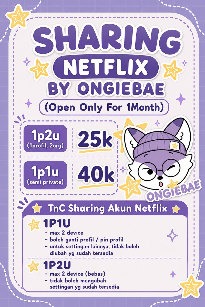 ongiebae's tweet photo. ✨Open Sharing Netflix✨

💵 25k/bulan (1p2u)
💵 40k/bulan (1p1u)

✅ Akun pribadi
👉🏻 FastResp? https://t.co/4upBlHZbvv 

Grab it fast

#sharingnetflix #zonauangㅤ https://t.co/XkLSvXOVoV