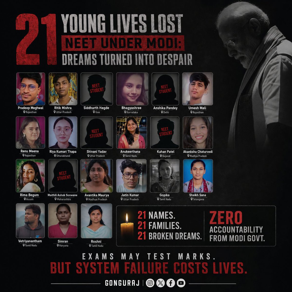 GonguRaj's tweet photo. 21 young lives lost.
Zero accountability.
Exams should test knowledge, not cost lives. Every student deserves hope, support, and a fair future.
#NEET #StudentsLivesMatter #EducationReform #YouthFirst #JusticeForStudents #GonguRaj https://t.co/HgkoH00ngo