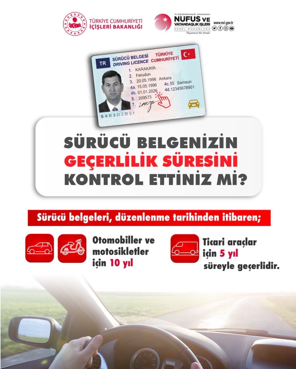 TCNufus's tweet photo. Sürücü Belgenizi Kontrol Ettiniz mi❓

‼️Sürücü belgenizin iptal olmaması ve mağduriyet yaşamamanız için belgeniz üzerinde yer alan son geçerlilik tarihini kontrol edebilirsiniz.

📌Geçerlilik süresi yakın tarihte sona erecek veya sona ermiş olan sürücü belgenizi, randevu alarak en yakın nüfus müdürlüğünde yenileyebilirsiniz.

Detaylı bilgi için 👉 https://t.co/aabJ4HjAeO

#HayatınızınHerAnında