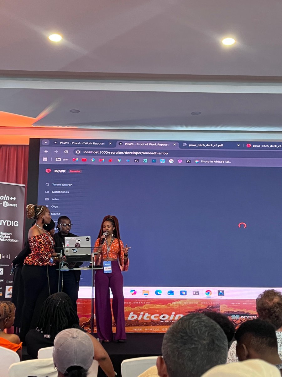 StacksAfrica's tweet photo. Huge congratulations to the PoWR (Proof of Work Reputation) team from @DadaDevs for earning well deserved recognition and securing a finish in the Top 6 at  @btcplusplus who use stacks clarity language. The team pitched how PoWR completely solves the broken developer hiring market by analyzing real GitHub commits and anchoring verifiable, tamper proof Proof of Work scores directly onto the Bitcoin secured @Stacks blockchain. No inflated resumes, just pure signal. The future of developer identity isn't locked in closed intranets it's open, verified, and built on Bitcoin. Incredible work pushing the boundaries of Web3 talent intelligence! @Salma_Adam_KE @Abug_fairy
@TheeNerdd @KalukiTiiime #Bitcoin #Stacks #Clarity #Web3 #Btrust #ProofOfWork