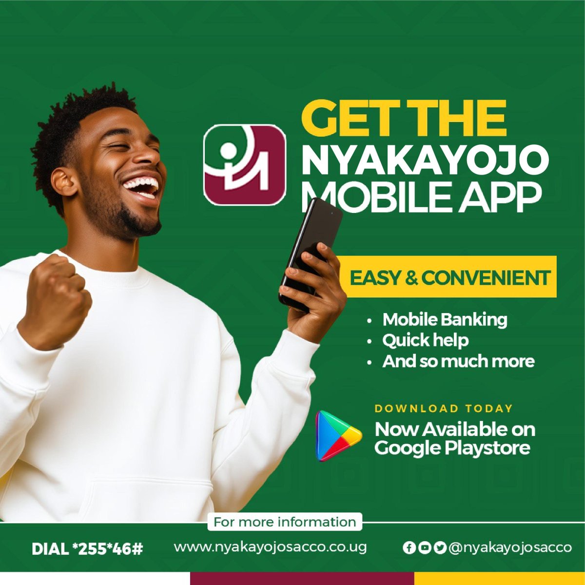 Nyakayojosacco's tweet photo. Technology advancement leading to our future excellence, what you should learn about the Nyakayojo SACCO APP.

Over the years, our growth has been centered on member service and satisfaction. This has always been an inspiration for us to think ahead with creativity and innovation to serve communities better each day.
 
Our next course is efficiency and strategy growth through technology advancement to close all the hinderences in financial financial inclusion to make sure that all people with all their diversities are well reach out with financial and non financial services. Our new innovation is the answer, the #NyakayojoSaccoApp. 

This is a reliable, faster and efficient ecosystem that speaks volumes to our future excellence. 

Download #NyakayojoSaccoApp from your playstore Now