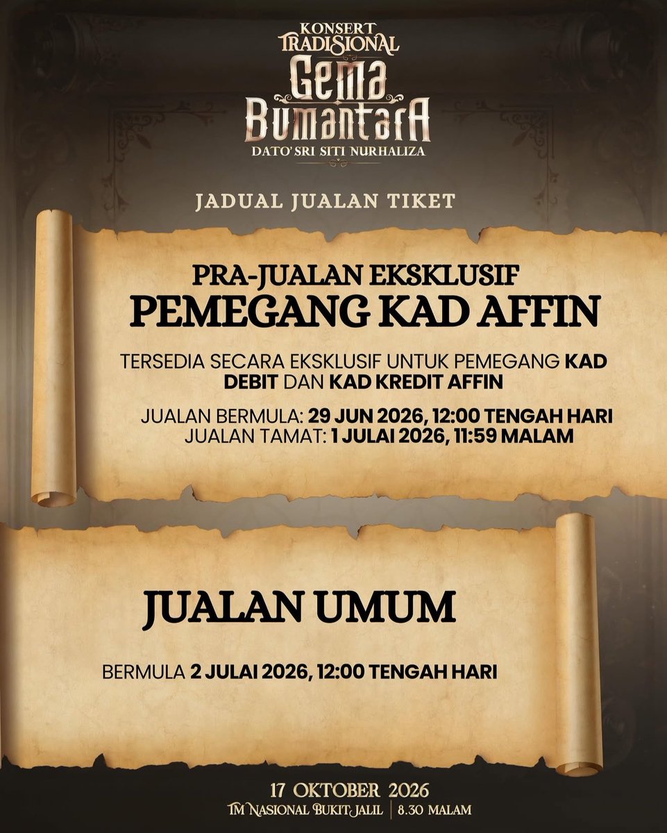 BAD_ARSILA's tweet photo. 🎫 Mark your calendars.

💳 AFFIN Presale
29 June 2026 | 12:00 PM

🌐 General Sale
2 July 2026 | 12:00 PM

#GemaBumantaraSitiNurhaliza #KonsertGemaBumantara https://t.co/kiSo2Ft645