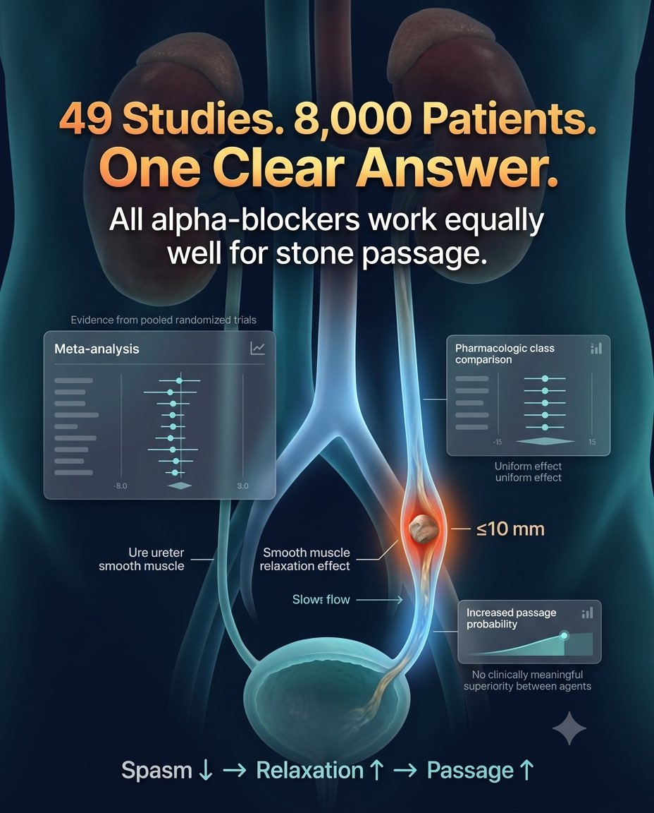 Roboticdock's tweet photo. α‑blockers help small distal stones pass — and the data is strong. 

💊💥 A meta‑analysis of 49 studies (8,000+ pts) showed higher passage rates w/ α‑blockers: RR 0.71 ➡️ +25 more passages per 100 pts. 💊 Tamsulosin, silodosin, terazosin, doxazosin, alfuzosin all improve passage. https://t.co/YxnXtI7QCT
