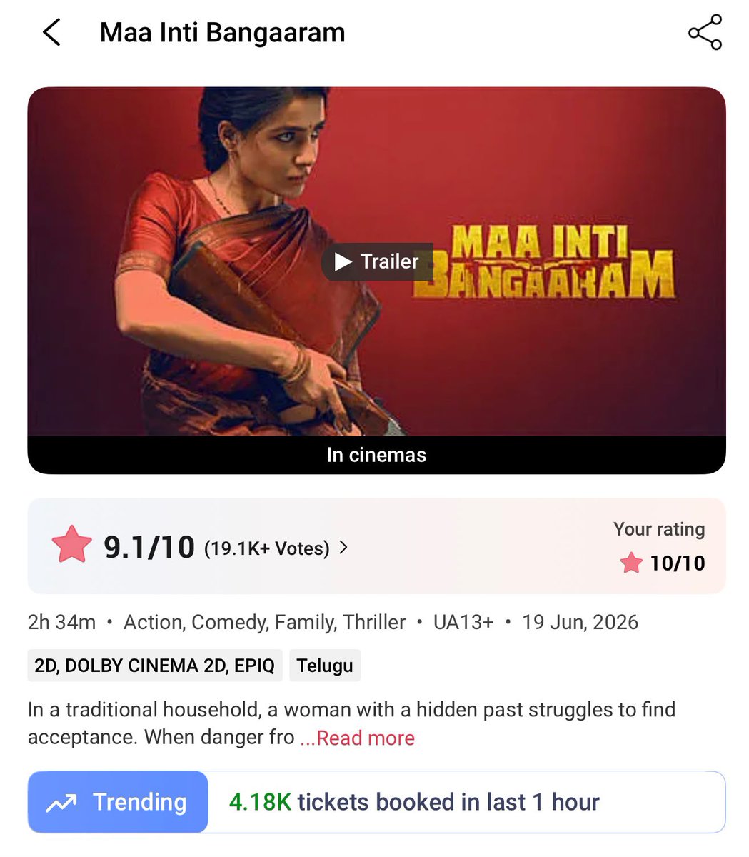 T2BLive's tweet photo. Excellent Day 4 For #MaaIntiBangaaram...and Solid Openings on Day 5💥💥Block Buster🔥🔥🔥 https://t.co/exT6Jr43jZ