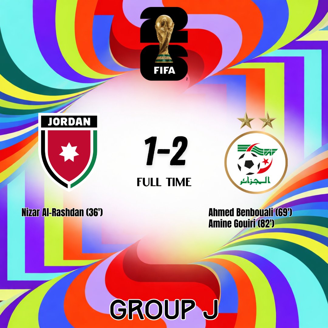 Lengas32's tweet photo. 2026 FIFA World Cup
Group J

FULL TIME

Jordan🇯🇴 1-2 🇩🇿Algeria

#Jordan , eliminated❌️ https://t.co/47bSYm9G8J