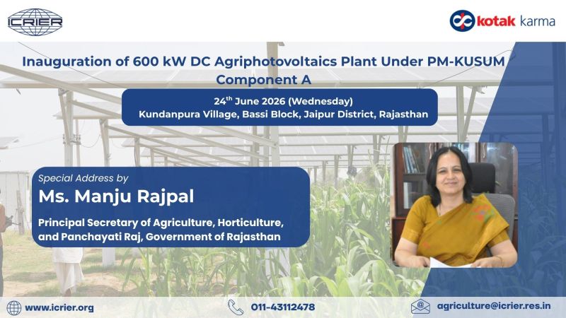 ICRIER's tweet photo. Farmers are at the heart of India's rural economy, and building a resilient agricultural future requires innovation, collaboration, and supportive institutions.

We are honoured to welcome Ms. Manju Rajpal, Principal Secretary, Agriculture, Horticulture and Panchayati Raj, Government Of Rajasthan, who will deliver a special address at the inauguration of the 600 kW DC Agriphotovoltaics Plant under PM-KUSUM Component A.

Her leadership in advancing agricultural development and strengthening rural institutions in Rajasthan brings valuable perspective to the conversation on how agriphotovoltaics can support farmer prosperity, sustainable land use, and climate resilience.

🌾☀️ Empowering farmers. Strengthening rural communities. Powering the future.

📍 Kundanpura Village, Bassi Block, Jaipur, Rajasthan
📅 24 June 2026 | 🕘 9:30 AM