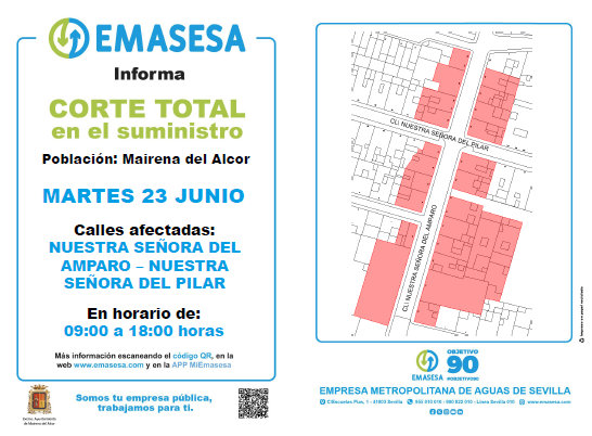 emasesa's tweet photo. RECUERDA❗ ø
23/06 #Corte en el suministro de #TuAgua por trabajos en la red de abastecimiento en calle Nuestra Señora del Amparo #MairenaDelAlcor
⌚ De 09:00 - 18:00 h.
Gracias y disculpen las molestias. #TrabajamosParaTi
#EMASESA #TuEmpresaPúblicaDelAgua @AytoMairenalcor https://t.co/FASbNrW4if