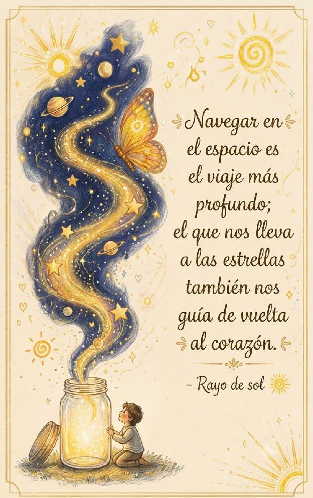 suaVe_teRNuRa's tweet photo. ✨  " Nos pasamos la vida buscando afuera.
Buscamos señales en el cielo, respuestas en los libros y validación en los demás, olvidando que la luz que anhelamos reconocer ya habita en nuestro interior.

Mirar las estrellas no es escapar de la realidad; es recordar nuestra inmensidad. Eres el niño que sueña, la mariposa que transforma, el frasco que guarda la luz y el universo entero latiendo en un mismo instante.

El viaje más profundo no te lleva a galaxias lejanas. Te lleva hacia ti. Allí donde el ego se disuelve y el corazón recuerda quién es realmente.

🌌✨ Regresa a tu esencia. Todo lo que buscas ya vive dentro de ti."

☀️ Rayo de sol ☀️