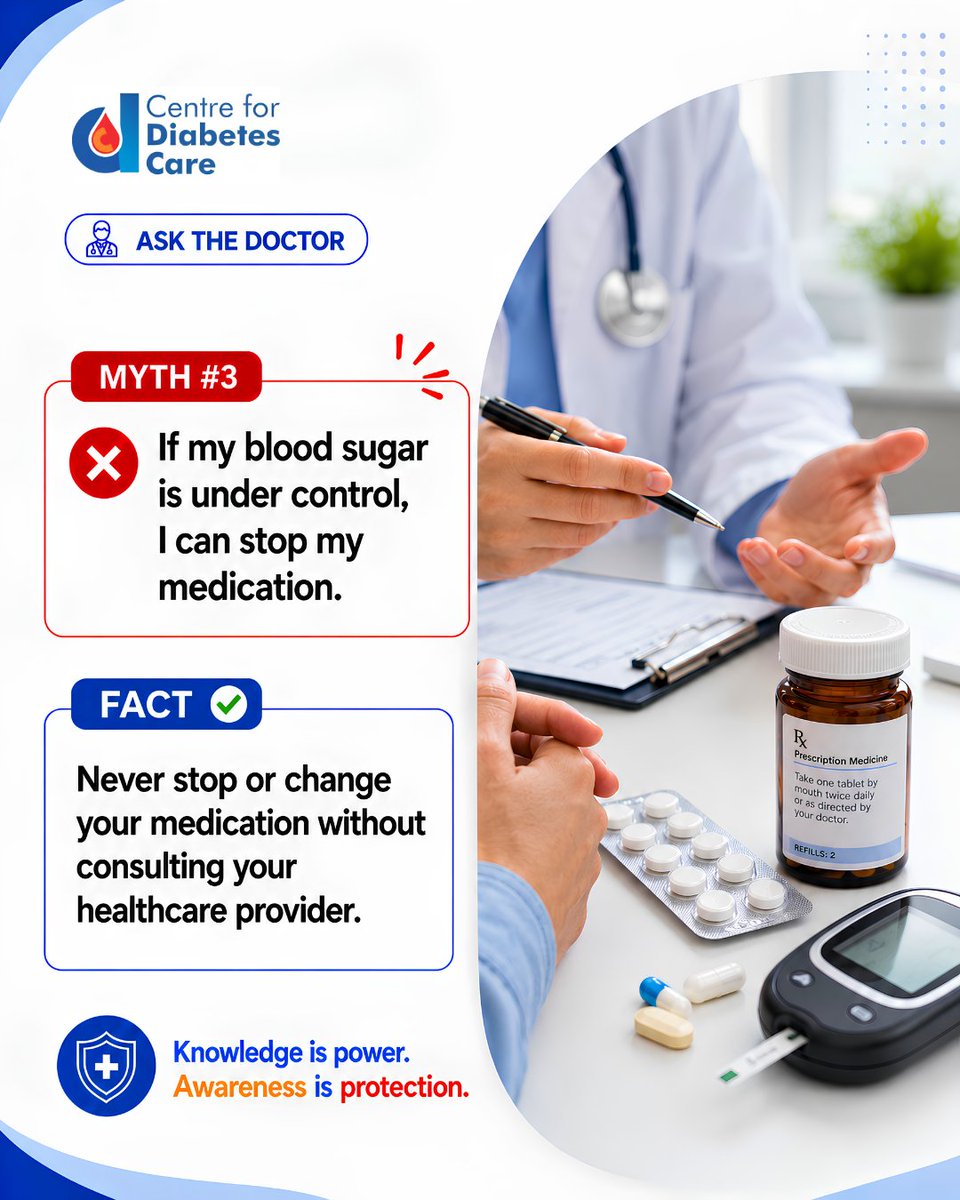 cdc_centers's tweet photo. 🚫 Myth: Only overweight people get diabetes.
✅ Fact: Diabetes can affect anyone, regardless of body type.

Genetics, age, lifestyle, and family history all matter. Stay informed. Stay healthy.

#MythVsFact #DiabetesAwareness #AskTheDoctor #DiabetesCare #HealthEducation https://t.co/ArVVOWiiI6