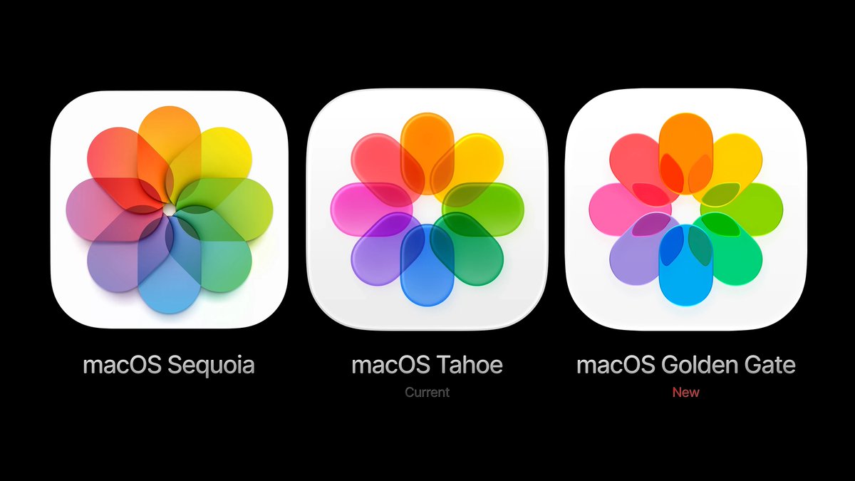 privatetalky's tweet photo. The new Photos icon on macOS Golden Gate Developer Beta  vs Tahoe vs Sequoia https://t.co/eKksDuA0hm