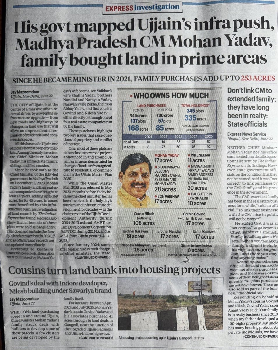 sardesairajdeep's tweet photo. Super story by @mazoomdaar at @IndianExpress that only confirms another of the worst kept secrets of Indian politics. Across India, those in power are making windfall profits in private real estate deals by simply getting a change effected in land use. Only difference: no punitive action if it’s a ‘DOUBLE ENGINE’ state! 🙏