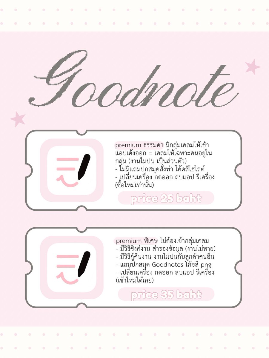 deduckcutiie's tweet photo. 🎀🍋 app goodnote6 (พร้อมส่ง)
𓈒 𖠵 รีทวิตลด 5฿ หมดโปร 30.06

แคปภาพรับโปรเท่านั้น
🍈 ธรรมดา 25 บาท ㅅ พิเศษ 35 บาท

🍮 สอบถาม 𓏬 https://t.co/syhFJbO4YI

#goodnote #goodnotes #หารgoodnote #goodnote6 #ขายgoodnote #แอพการเรียน #แอพios #แอพiosราคาถูก #แอพไอแพด https://t.co/2q4UALDHEE