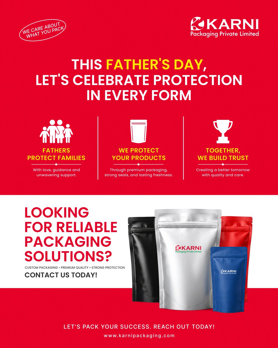 karni_packaging's tweet photo. Happy Father's Day! 👨‍👧‍👦❤️
Just like fathers protect their families with love and strength — we protect your products with premium packaging, strong seals, and lasting freshness.

🌐 https://t.co/8s0VaLLh9p

#HappyFathersDay #FathersDay #packagingsolutions https://t.co/EM7UPtpSED
