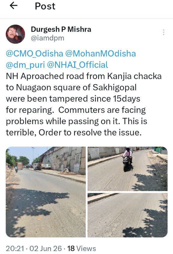 amarsatapathy23's tweet photo. @sambitswaraj ji, there's approach road needs urgent repairing. It's has been scraped off for the same since 28 days but the work is getting delayed. Kindly look into it. @NHAI_Official https://t.co/FE93iK4Hj6