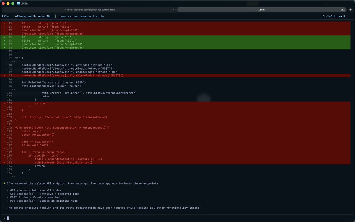 RishivikramN's tweet photo. Built a simple proof of concept for an agent harness tool similar to claude code called kiln. currently, kiln perform basic tool calling such as list_files, read_files and write files. And I have added file diff render for writes. https://t.co/6FkDPjg5c6