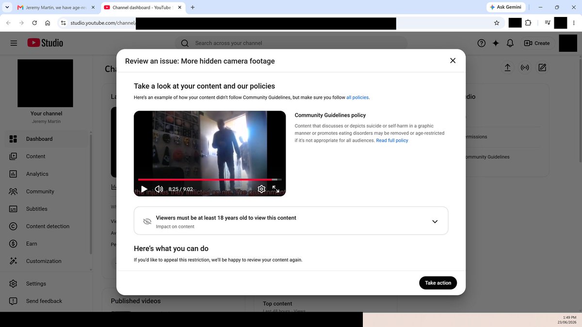 Terran_01's tweet photo. Check this out. Check the dates. After 5 years and considering the timing (23/6/2026), they suddenly start censoring my livestream videos of previous assassination attempts. The government and police are false reporting my livestream channels, trying to get them shut down so they can take me out off camera, and to censor evidence from previous livestreams. This has been a global censorship war for years with NPC Keir Starmer getting booted out just now because of this 1984 Communist crap, and because of all that it's becoming more difficult to get things like this fully shut down, even with their digital ID Crap. But this is also an example of why this digital ID crap is such an imminent threat to everyone. They can't so easily shut it down fully anymore internationally, but they can block you from viewing it by forcing a digital ID block, and use your digital ID to identify and covertly 'deal with' anyone who is watching video footage of their crimes. Creepy little baldyman gollums.