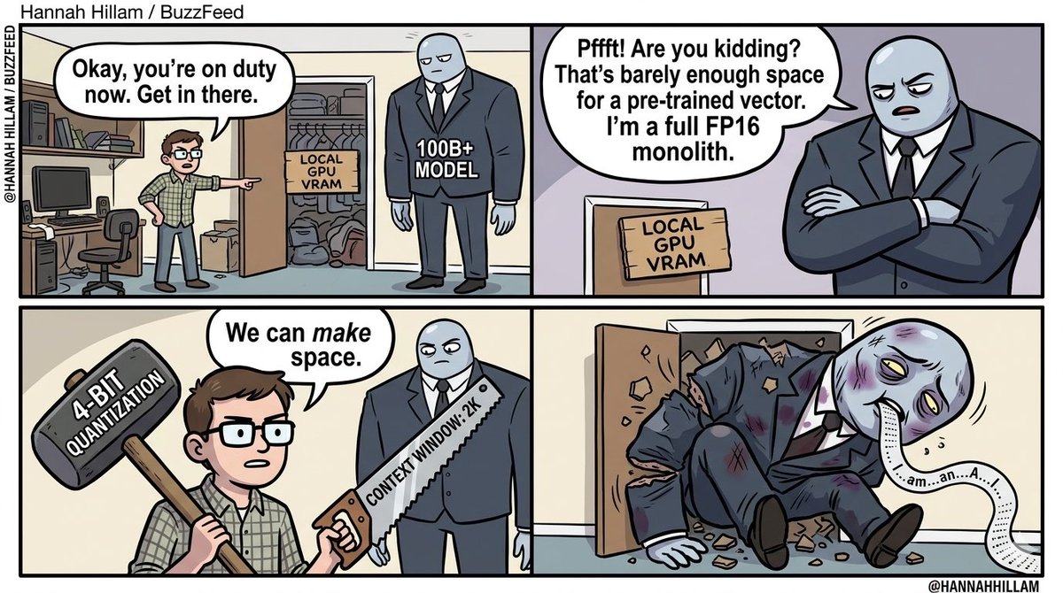 4manPanda's tweet photo. When you try to force a massive 100B parameter model into your tiny local GPU using 4-bit quantization and context window chopping... 🔨💥 The brutal reality of local LLM deployment! 😂
#工头熊猫的漫画时间 #ForemanPandasComicTime #LLM #LocalAI #Quantization #GPU #TechHumor #MachineLearning