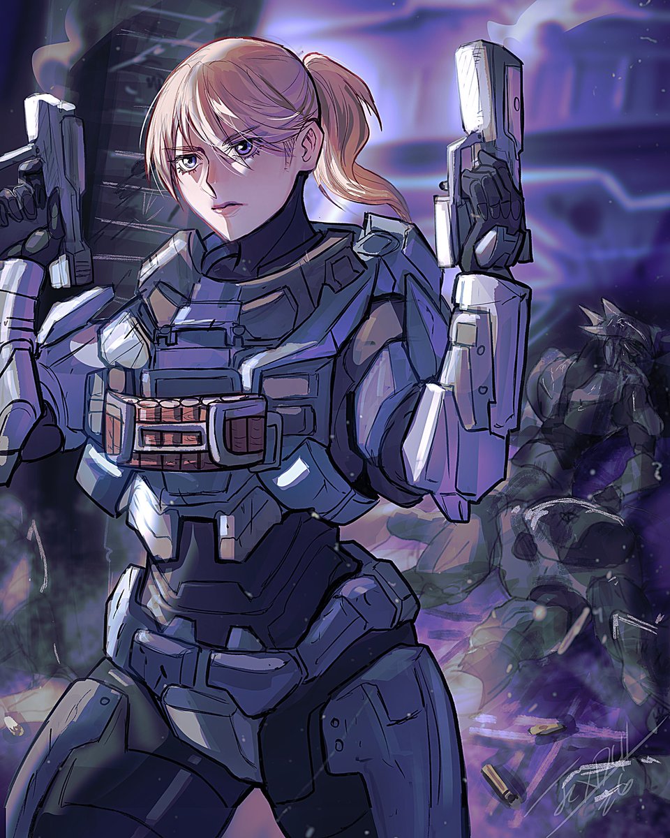 Hootie05's tweet photo. Dual Wielding is so peak. Shame we never saw it again outside of Halo 2 and 3. 

Enjoy some art of Elena dual wielding pistols, which was made by the incredibly talented and epic @TexD41. As always, go support them, because their art is amazing. https://t.co/DzLt8z74iZ