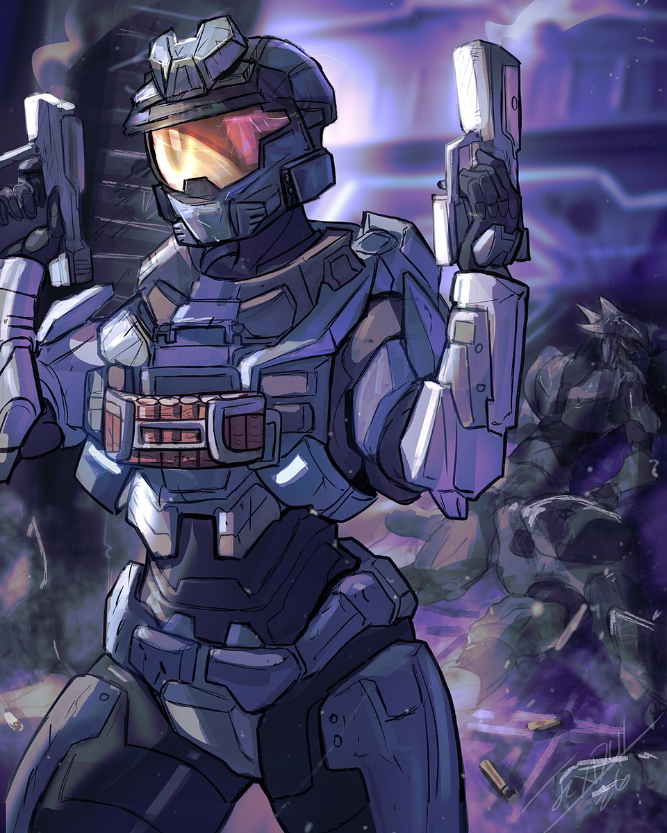 Hootie05's tweet photo. Dual Wielding is so peak. Shame we never saw it again outside of Halo 2 and 3. 

Enjoy some art of Elena dual wielding pistols, which was made by the incredibly talented and epic @TexD41. As always, go support them, because their art is amazing. https://t.co/DzLt8z74iZ