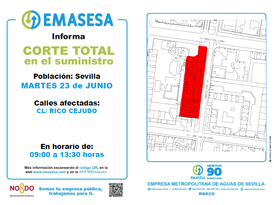 emasesa's tweet photo. RECUERDA❗ ø
23/06 #Corte en el suministro de #TuAgua por trabajos en la red de abastecimiento en C/ Rico Cejudo en @DtoNervion
⌚ De 09:00 - 13:30 h.
Gracias y disculpen las molestias. #TrabajamosParaTi
#EMASESA #TuEmpresaPúblicaDelAgua @Ayto_Sevilla https://t.co/wHQcDVe9sB