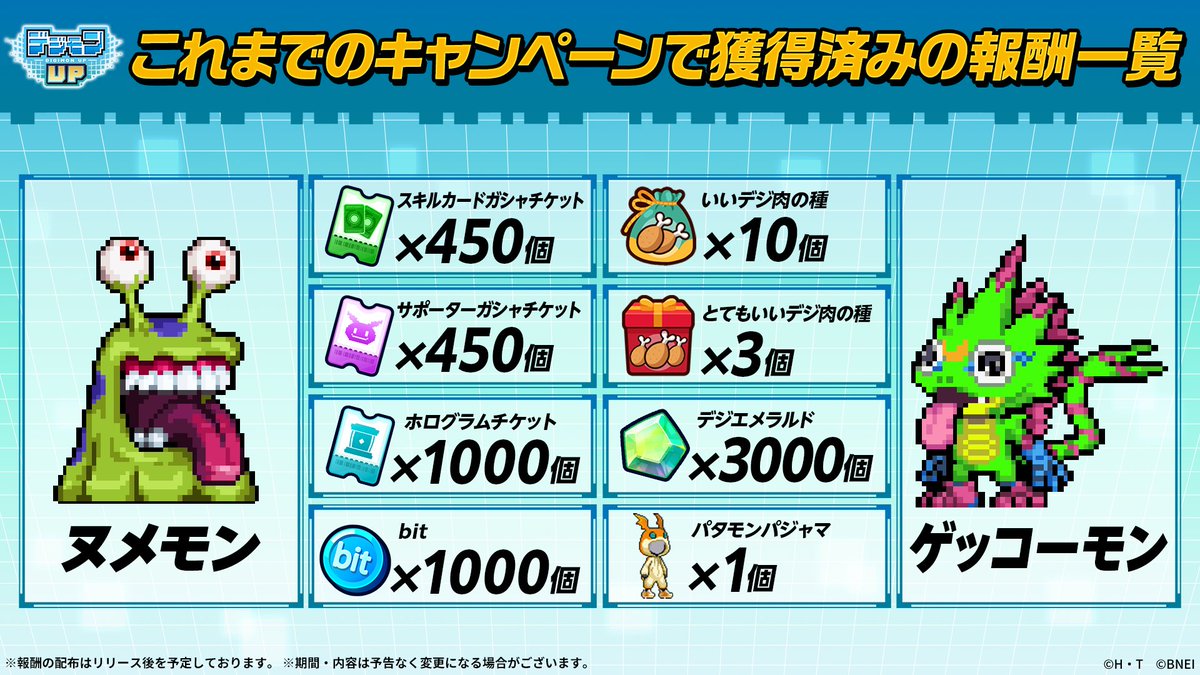 Digimon_up_jp's tweet photo. 【リリース時に配布が確定している報酬まとめ】
これまでのキャンペーンで、画像のアイテムを獲得済み！

さらに事前登録者数100万人まであと少し！
「八神太一＆アグモン」獲得を目指そう！

👇今すぐ事前登録
App Store：https://t.co/V7jhDAPNnl
Google Play：https://t.co/vrX4FDWg6D

#デジモンUP https://t.co/Nux75gFeuh