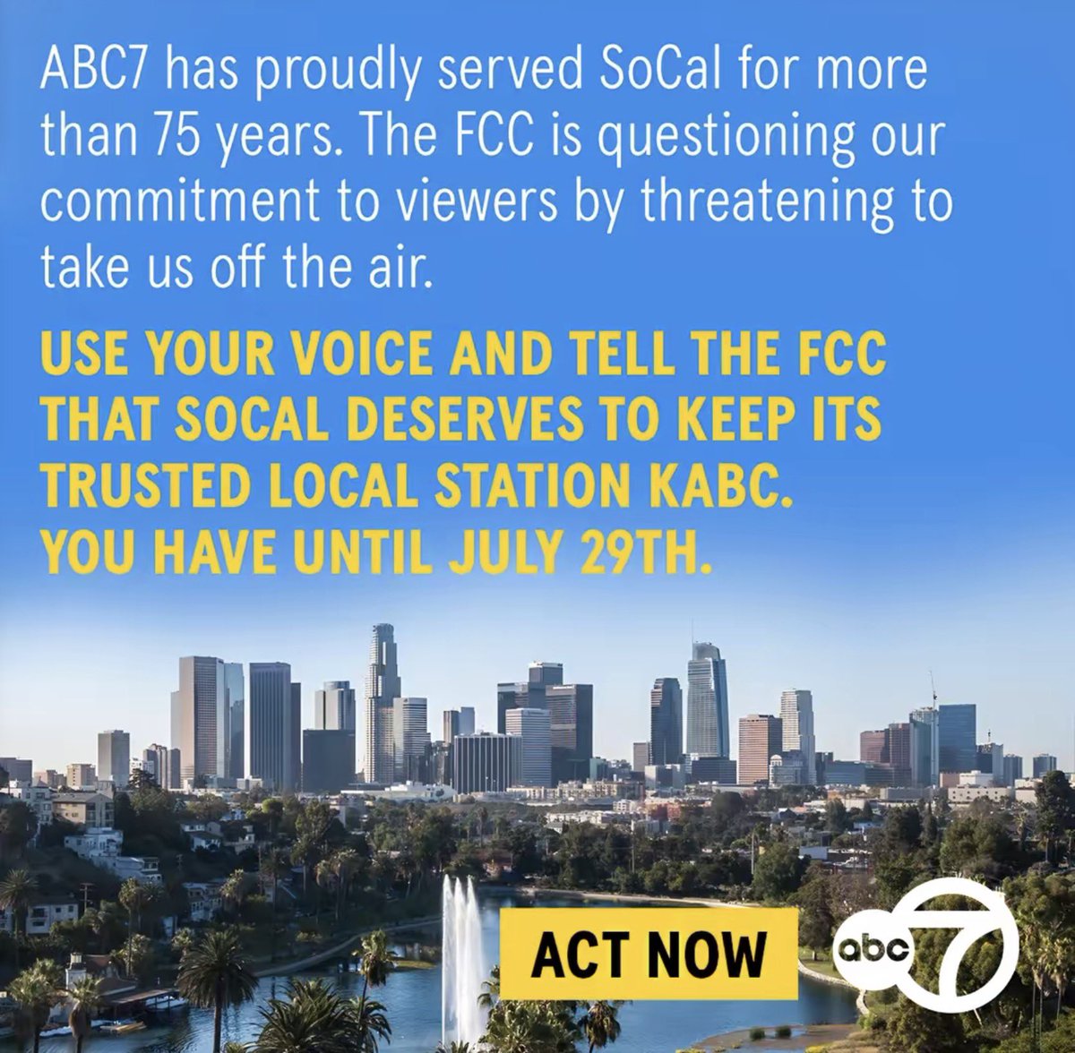 cwebbonline's tweet photo. What the heck is going on here?

ABC7 is my local station. It isn’t a partisan network, it’s where millions of Angelenos get local news, weather, fires, earthquakes, and emergency alerts.

So why is the FCC putting its broadcast license under an unusually early review years before it was due?

Explain, with receipts. @FCC