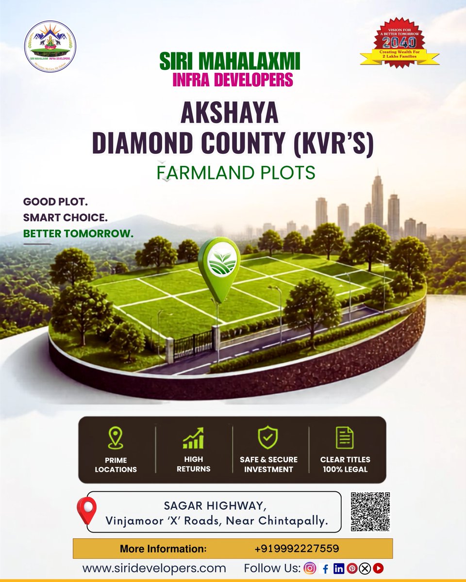 MahalaxmiSiri's tweet photo. 🌿💎 అక్షయ డైమండ్ కౌంటీ (KVR's) – మీ భవిష్యత్తుకు బంగారు పెట్టుబడి! 💎🌿

📍 వింజమూరు 'X' రోడ్స్, చింతపల్లి సమీపంలో, సాగర్ హైవే.
📞 మీ ప్లాట్‌ను ఈరోజే రిజర్వ్ చేసుకోండి.
📞 9992227559
🌐 https://t.co/dxj599hK5b

#AkshayaDiamondCounty #KVRs #FarmLandPlots #SagarHighway #OpenPlots https://t.co/i27tIEz7Im