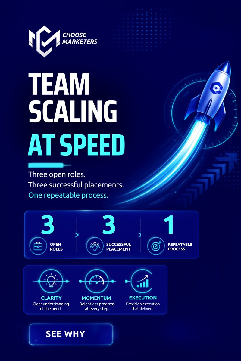 ChooseMarketers's tweet photo. Fast team growth isn't built on luck.

It's built on:

• Clarity
• Momentum
• Execution
The goal isn't just filling open roles.
It's creating a hiring process that delivers consistently across every search.

#Hiring #Recruitment #Growth https://t.co/f4sI85563R