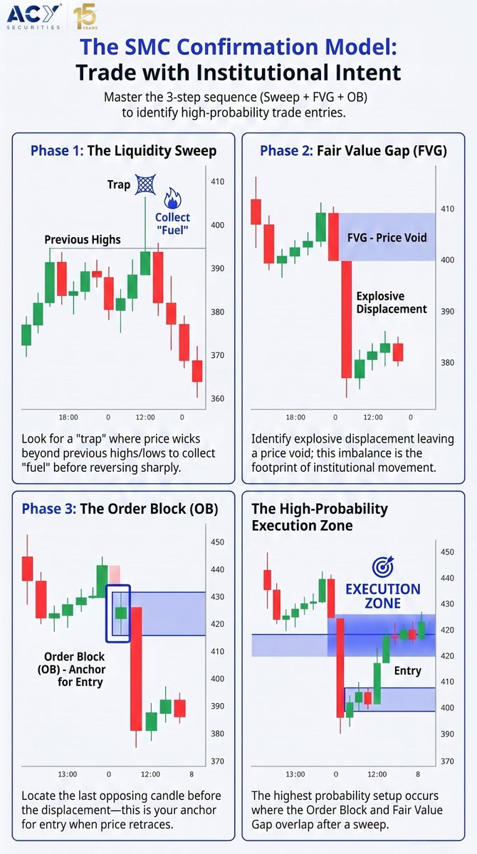 ACY_Securities's tweet photo. If you're buying standard chart breakouts, you should look for the institutional trap instead... 📉🔍

Most retail day traders aggressively buy or sell structural breakouts the moment a major asset prints a new high or low. They don't realize they are running directly into institutional liquidity pools. Large banks and automated algorithms intentionally engineer breakout traps to harvest your stop-losses, collecting raw fuel before sharply reversing the price action against you. 

If you want to survive volatile multi-asset financial markets, you must learn to trade with institutional intent.

• 🪤 PHASE 1: Identify the trap zone where a candle wick surges beyond previous highs or lows to sweep order books and gather market fuel before a sharp reversal.

• ⚡ PHASE 2: Track explosive displacement candles that leave behind a structural imbalance or price void. This market structure footprint proves algorithmic capital has entered.

• ⚓ PHASE 3: Locate the last opposing candle built directly before that aggressive displacement move occurred. This is your mechanical anchor level for trade execution.

• 🎯 THE HIGH-PROBABILITY EXECUTION ZONE: Wait patiently for a clean structural retrace. Your highest probability setups happen exclusively when the retest of the Order Block overlaps the Fair Value Gap zone after a verified sweep.

When trading sensitive setups like FVGs, execution speed and infrastructure matter. Experience tier-one infrastructure, rapid order processing, and tight spreads.

👉 Explore trading tools and accounts with ACY Securities here:  

---

Risk Warning: Financial market derivatives trading carries a high level of risk to your capital and is not suitable for all investors. Ensure you fully comprehend smart money concepts and structural technical analysis before deploying live funds.